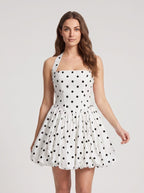 White Matte Satin A-Line Halter Neckline Lace-up Short Dress with Polka Dots - Curvevia
