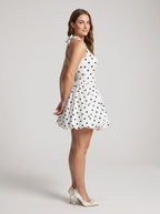 White Matte Satin A-Line Halter Neckline Lace-up Short Dress with Polka Dots - Curvevia