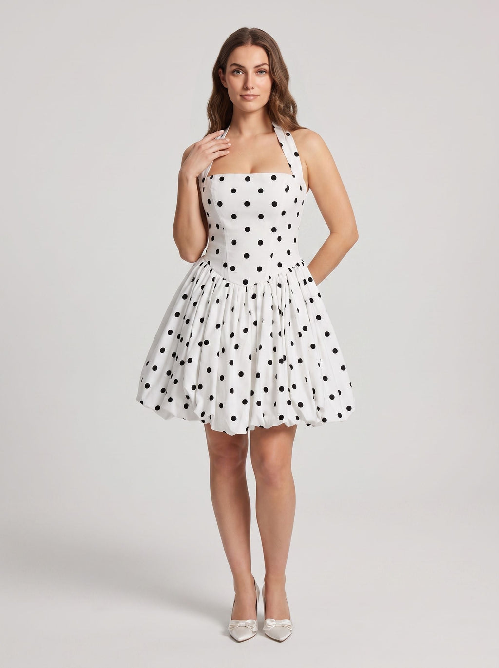 White Matte Satin A-Line Halter Neckline Lace-up Short Dress with Polka Dots - Curvevia