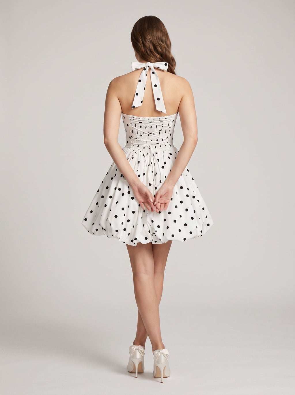 White Matte Satin A-Line Halter Neckline Lace-up Short Dress with Polka Dots - Curvevia