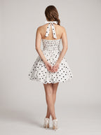 White Matte Satin A-Line Halter Neckline Lace-up Short Dress with Polka Dots - Curvevia