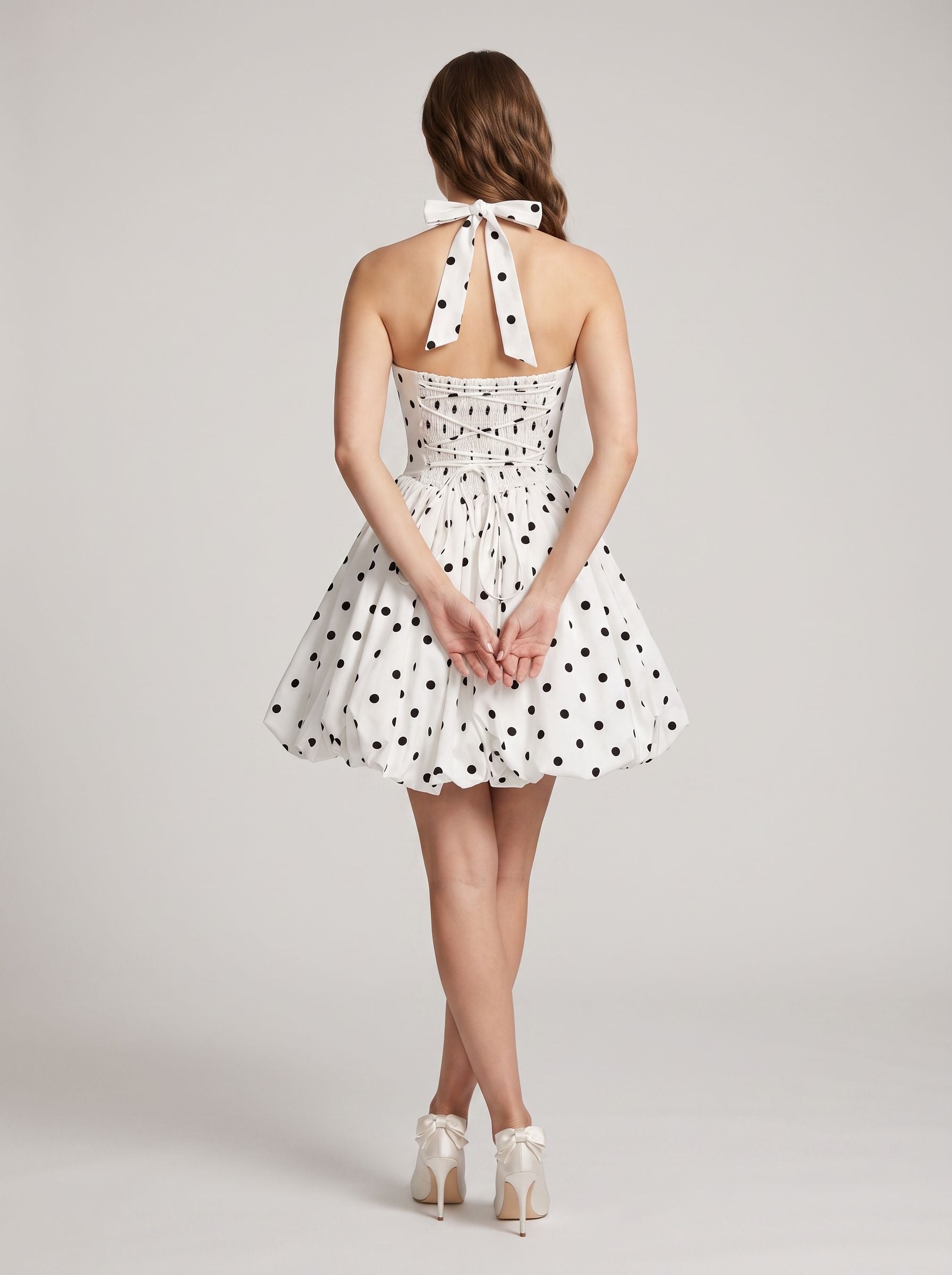 White Matte Satin A-Line Halter Neckline Lace-up Short Dress with Polka Dots - Curvevia