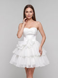 White Tulle A-Line Straight Neck Lace-up Short Dress with Layered Skirt - Curvevia