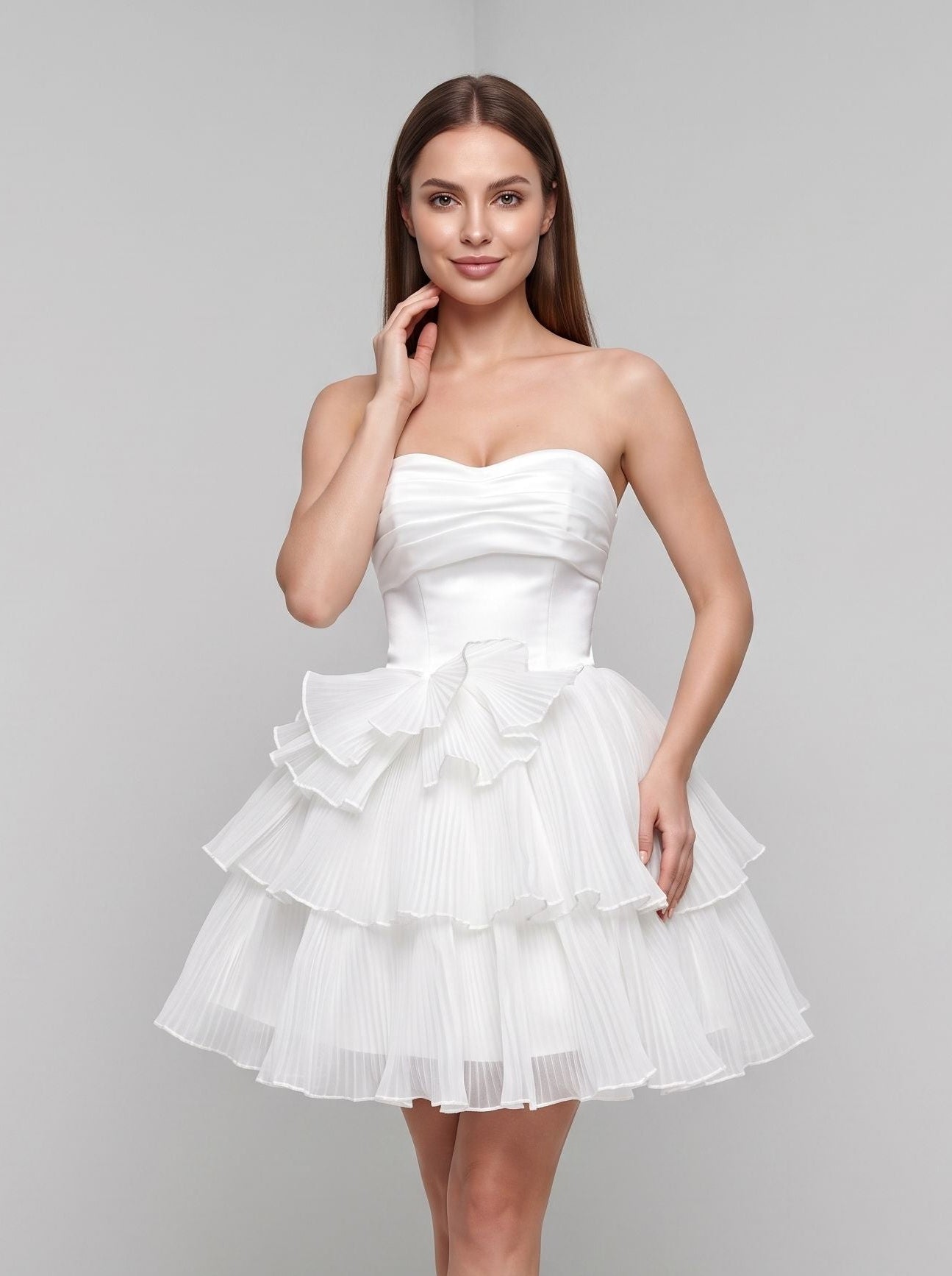 White Tulle A-Line Straight Neck Lace-up Short Dress with Layered Skirt - Curvevia