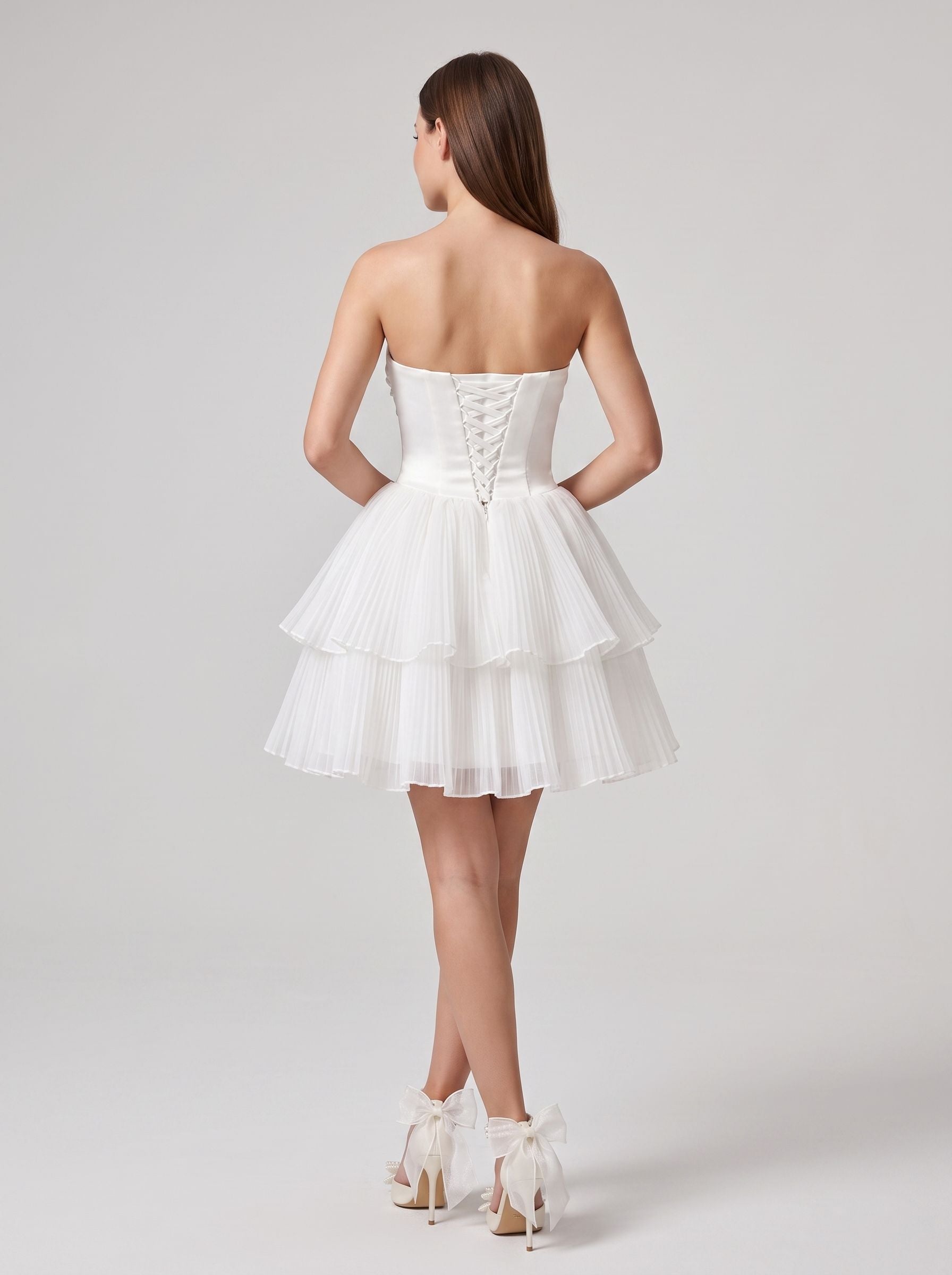 White Tulle A-Line Straight Neck Lace-up Short Dress with Layered Skirt - Curvevia