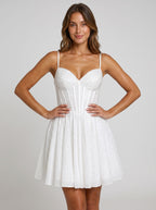 White Satin A-Line Sweetheart Back Zip Short Dress with Beading - Curvevia