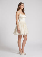 White Tulle A-Line Sweetheart Backless Short Dress with Floral Embroidery and Tie Straps - Curvevia