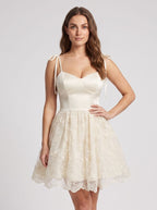White Tulle A-Line Sweetheart Backless Short Dress with Floral Embroidery and Tie Straps - Curvevia