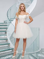 White Tulle A-Line Off-the-Shoulder Corset Back Short Dress with Beaded Bodice and Bow Accents - Curvevia