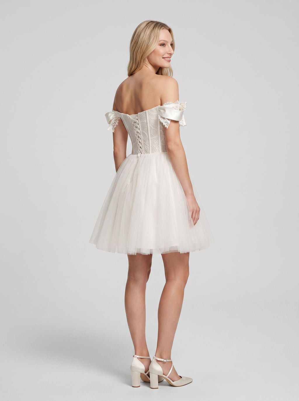 White Tulle A-Line Off-the-Shoulder Corset Back Short Dress with Beaded Bodice and Bow Accents - Curvevia