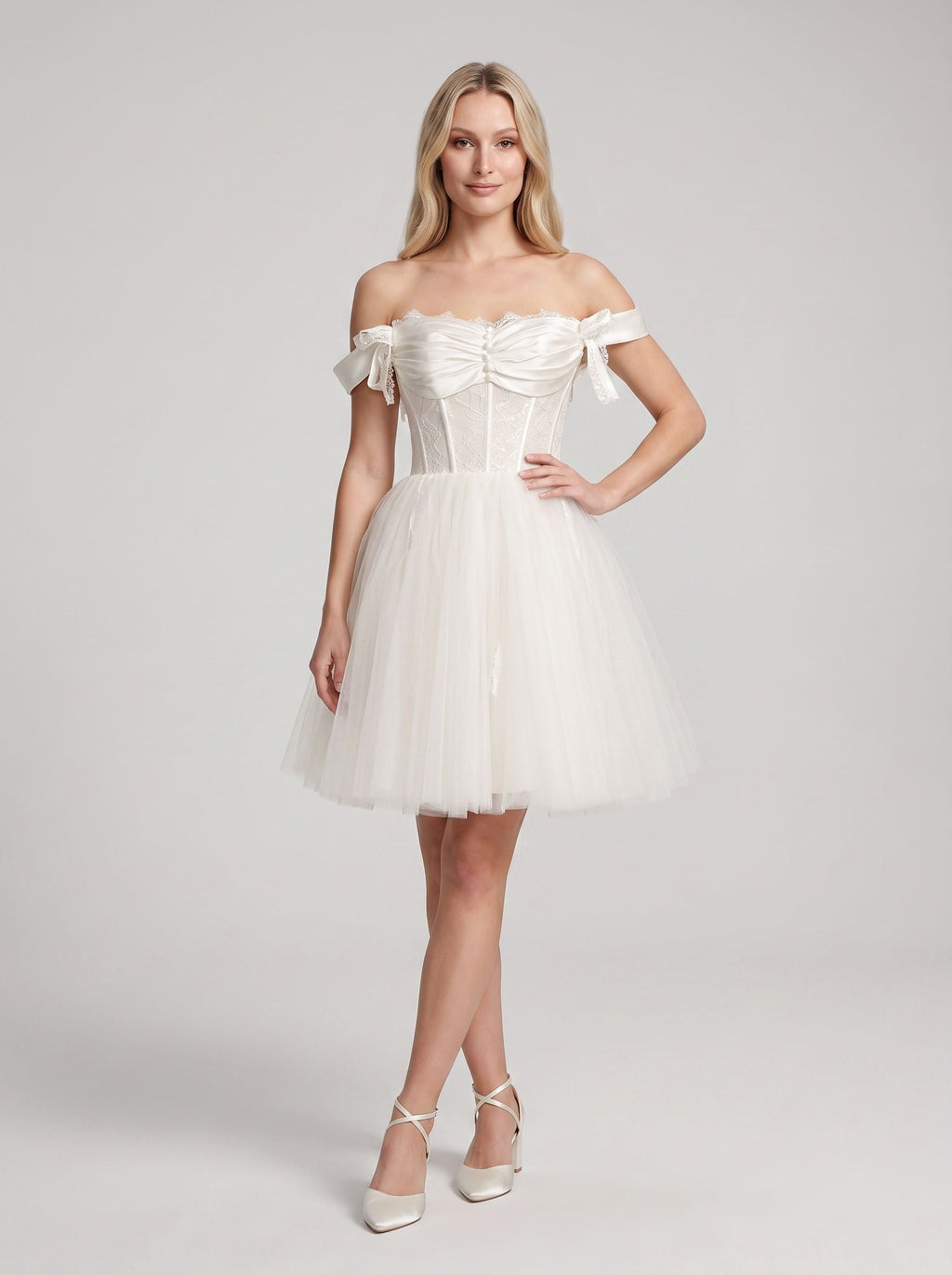 White Tulle A-Line Off-the-Shoulder Corset Back Short Dress with Beaded Bodice and Bow Accents - Curvevia