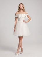 White Tulle A-Line Off-the-Shoulder Corset Back Short Dress with Beaded Bodice and Bow Accents - Curvevia