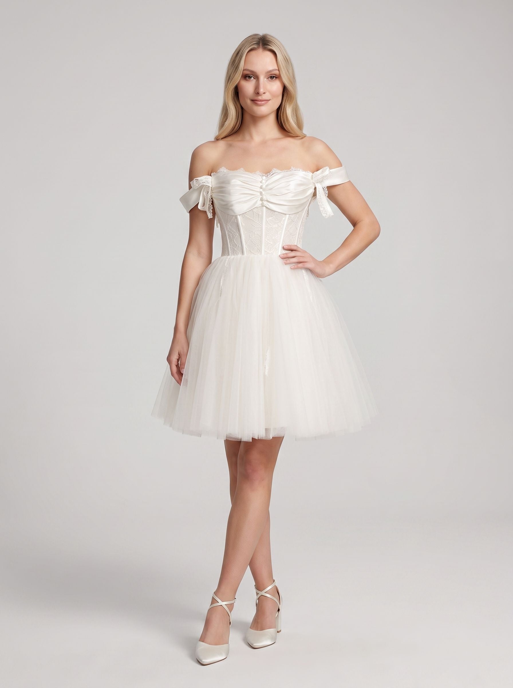 White Tulle A-Line Off-the-Shoulder Corset Back Short Dress with Beaded Bodice and Bow Accents - Curvevia