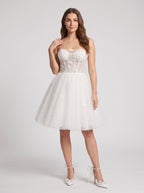 White Tulle A-Line Sweetheart Lace-up Short Dress with Applique Bodice - Curvevia