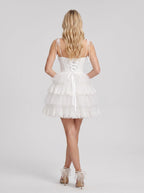 White Tulle A-Line Sweetheart Criss-Cross Straps Short Dress with Ruffled Tiers - Curvevia