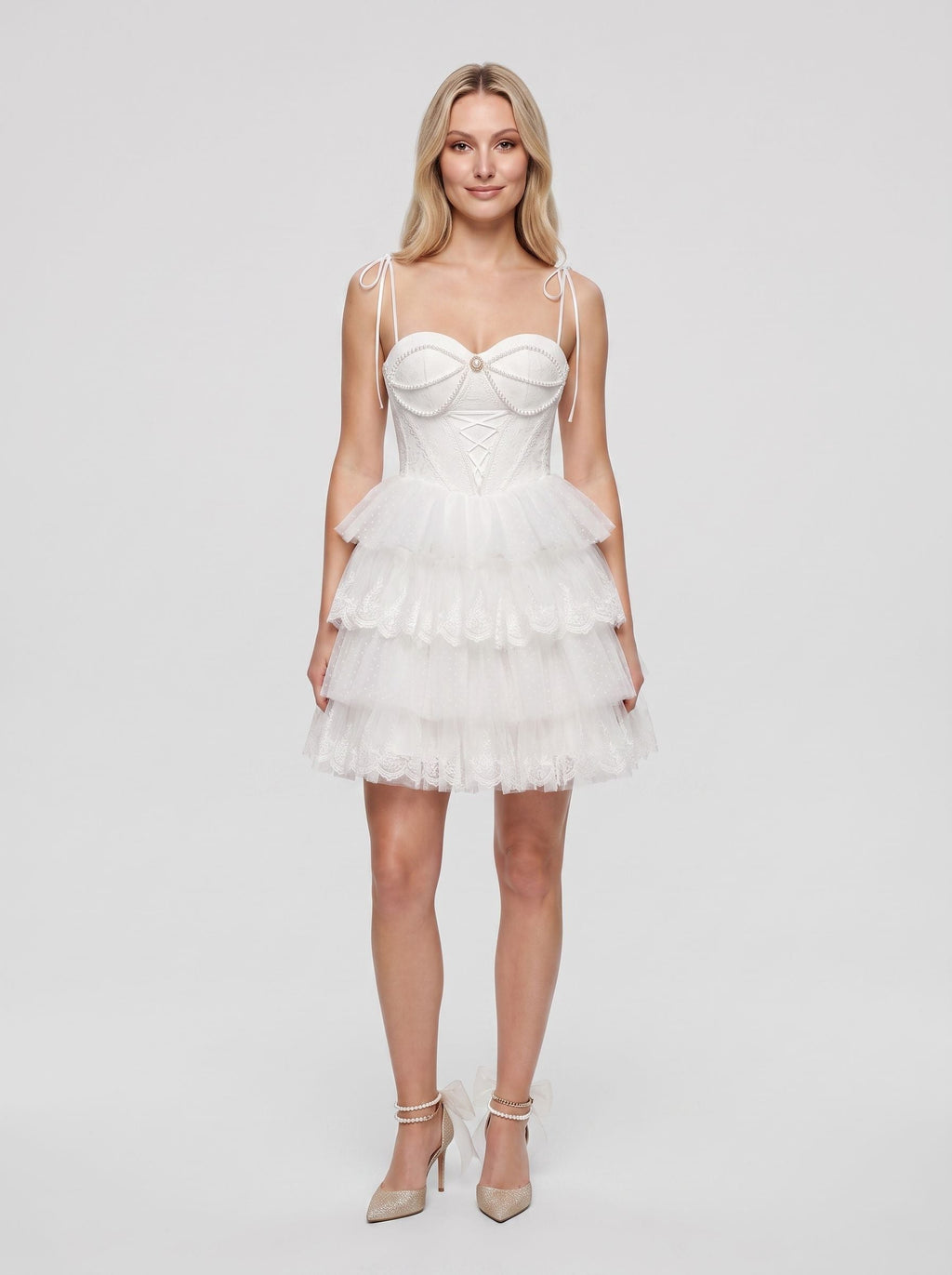 White Tulle A-Line Sweetheart Criss-Cross Straps Short Dress with Ruffled Tiers - Curvevia