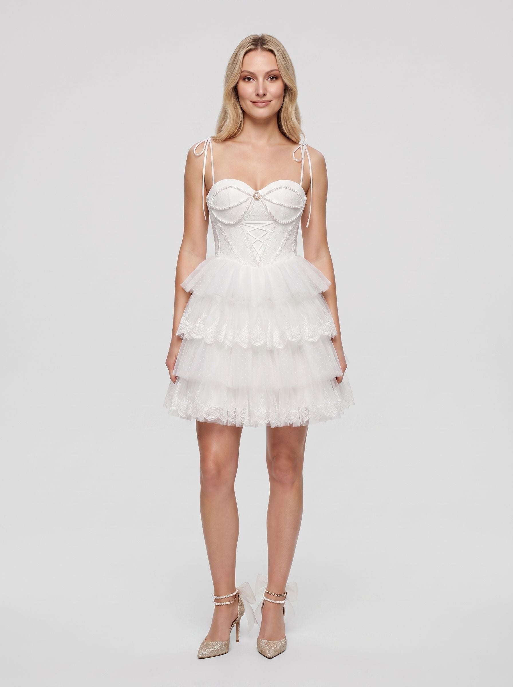 White Tulle A-Line Sweetheart Criss-Cross Straps Short Dress with Ruffled Tiers - Curvevia