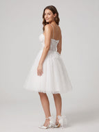 White Tulle A-Line Sweetheart Lace-up Short Dress with Applique Bodice - Curvevia