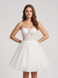 White Tulle A-Line Sweetheart Lace-up Short Dress with Applique Bodice - Curvevia