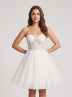 White Tulle A-Line Sweetheart Lace-up Short Dress with Applique Bodice - Curvevia