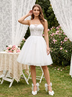 White Tulle A-Line Sweetheart Lace-up Short Dress with Applique Bodice - Curvevia
