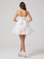 White Tulle A-Line Sweetheart Criss-Cross Straps Short Dress with 3D Flower - Curvevia