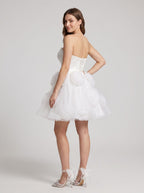 White Tulle A-Line Sweetheart Criss-Cross Straps Short Dress with 3D Flower - Curvevia
