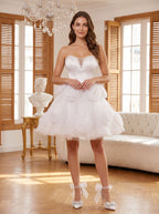 White Tulle A-Line Sweetheart Criss-Cross Straps Short Dress with 3D Flower - Curvevia
