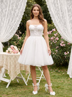 White Tulle A-Line Sweetheart Lace-up Short Dress with Applique Bodice - Curvevia