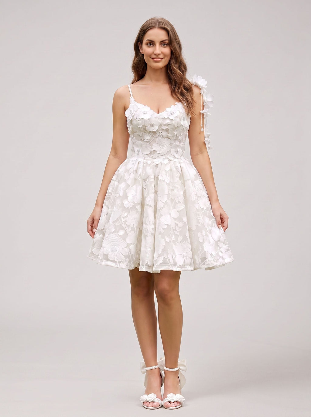 White Tulle A-Line Sweetheart Criss-Cross Straps Short Dress with 3D Flowers - Curvevia