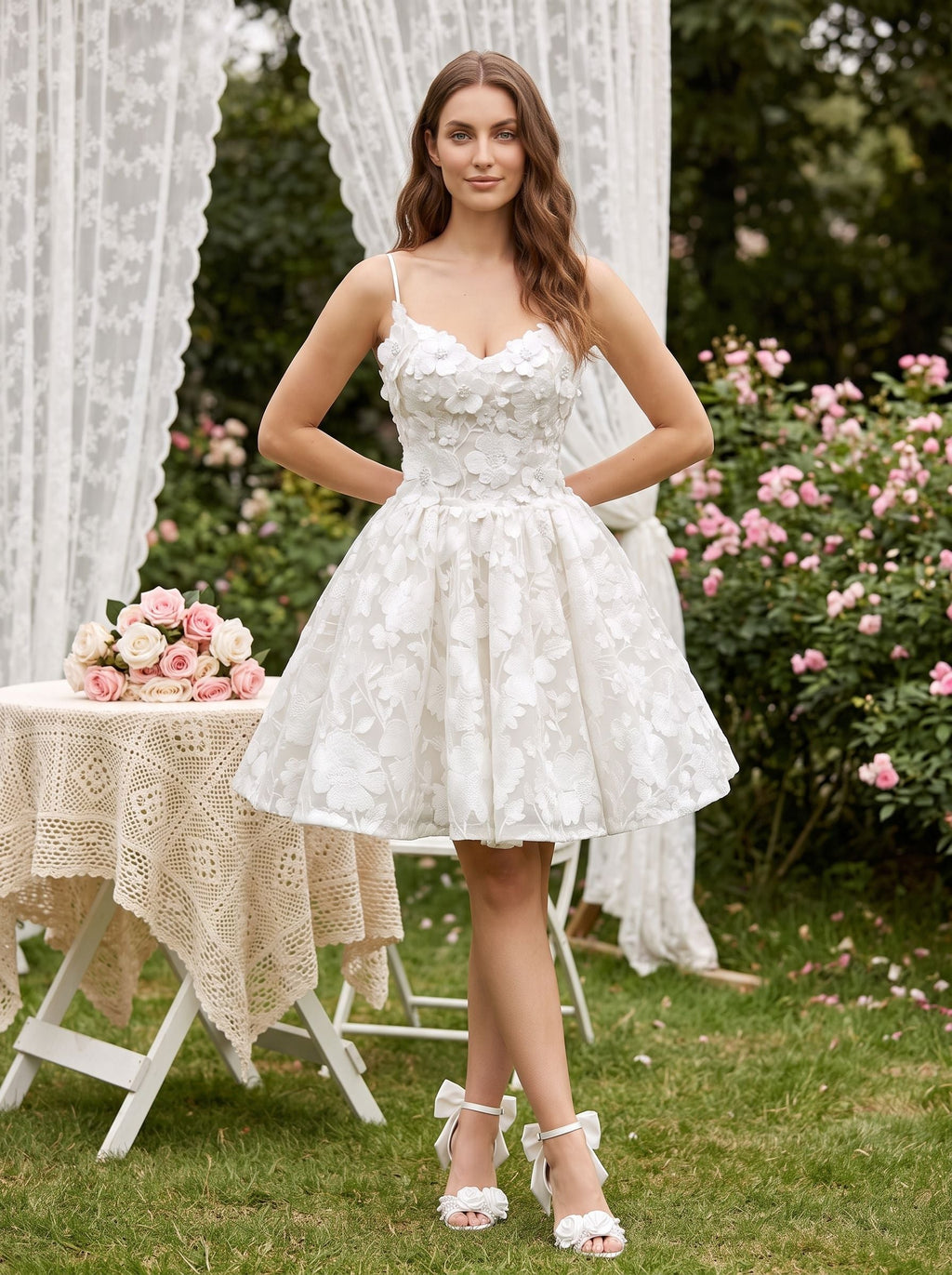 White Tulle A-Line Sweetheart Criss-Cross Straps Short Dress with 3D Flowers - Curvevia
