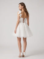 White Tulle A-Line Sweetheart Criss-Cross Straps Short Dress with 3D Flowers - Curvevia