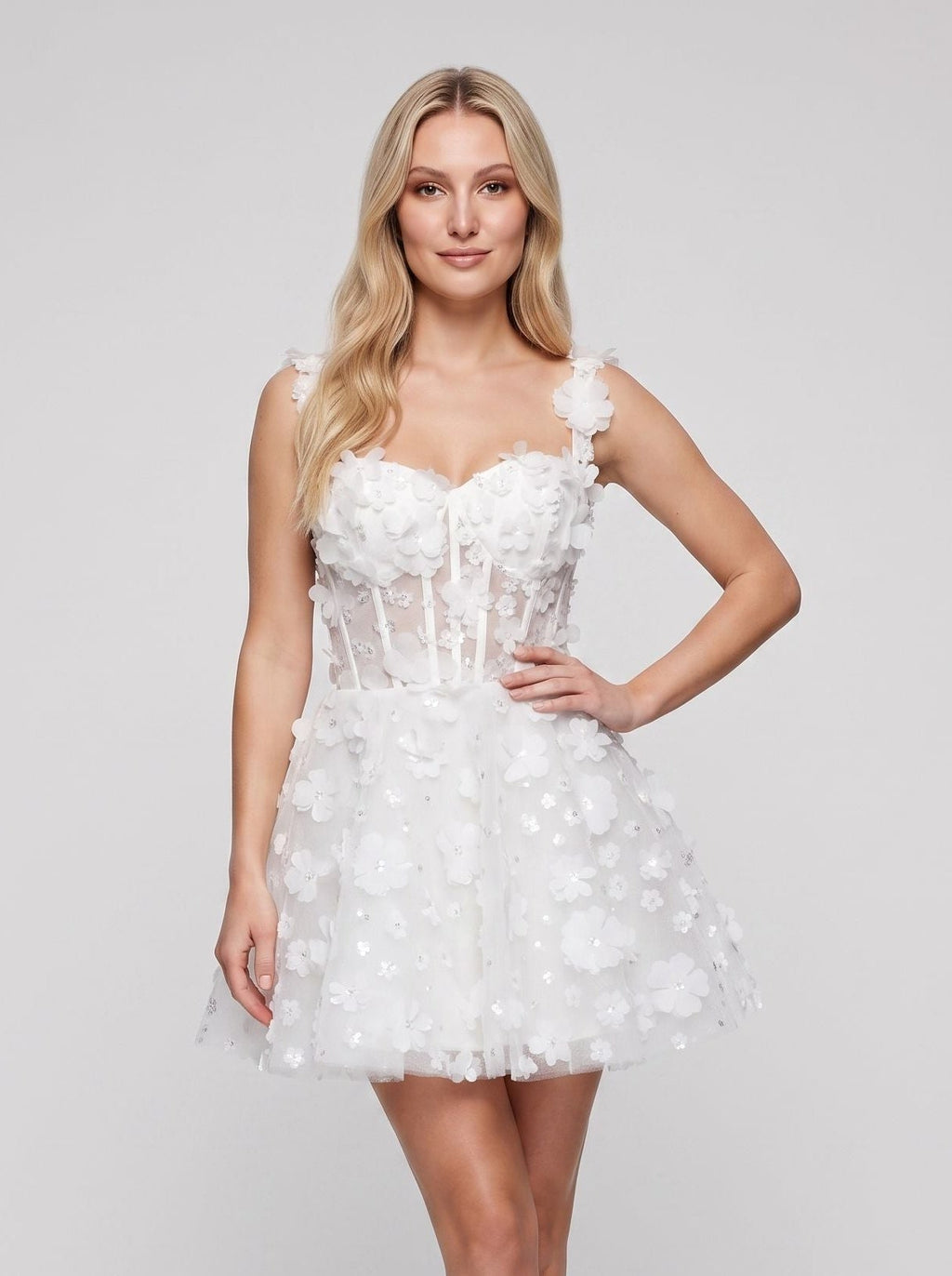 White Tulle A-Line Sweetheart Criss-Cross Straps Short Dress with 3D Floral Bodice - Curvevia