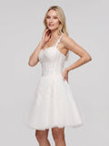 White Tulle A-Line Sweetheart Lace-up Short Dress with Lace Appliques - Curvevia
