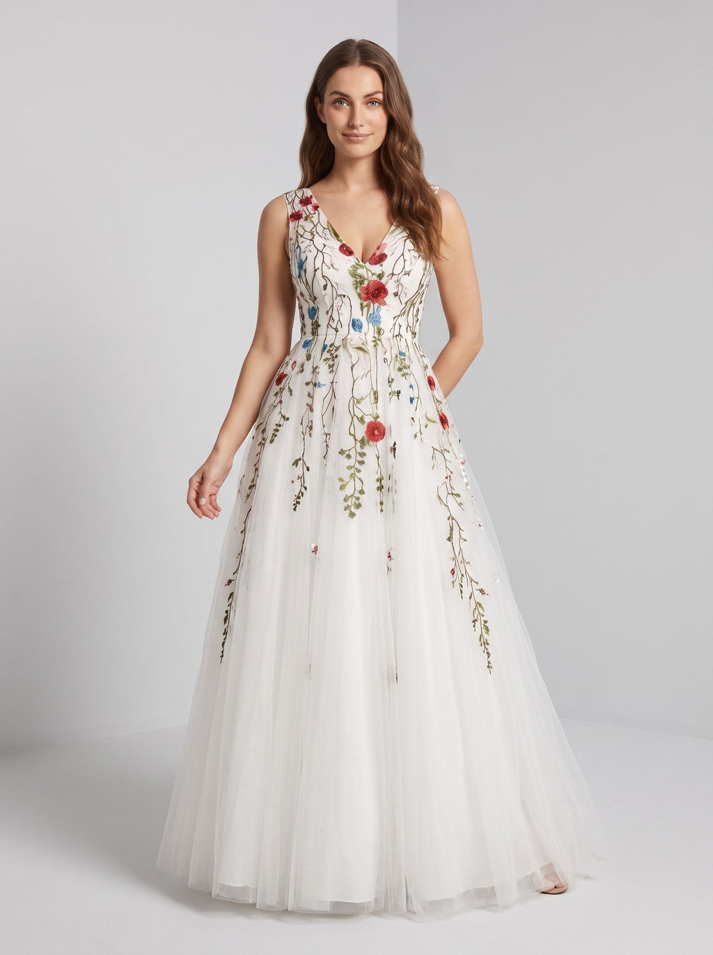 White Tulle and Lace A-Line V-Neck Back Zip Floor-Length Dress with Floral embroidery appliques - Curvevia