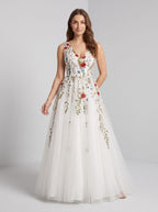 White Tulle and Lace A-Line V-Neck Back Zip Floor-Length Dress with Floral embroidery appliques - Curvevia