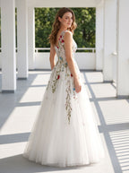 White Tulle and Lace A-Line V-Neck Back Zip Floor-Length Dress with Floral embroidery appliques - Curvevia
