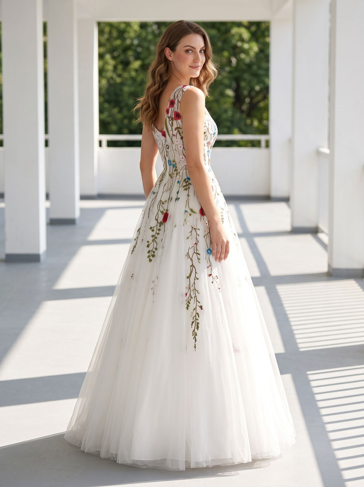 White Tulle and Lace A-Line V-Neck Back Zip Floor-Length Dress with Floral embroidery appliques - Curvevia