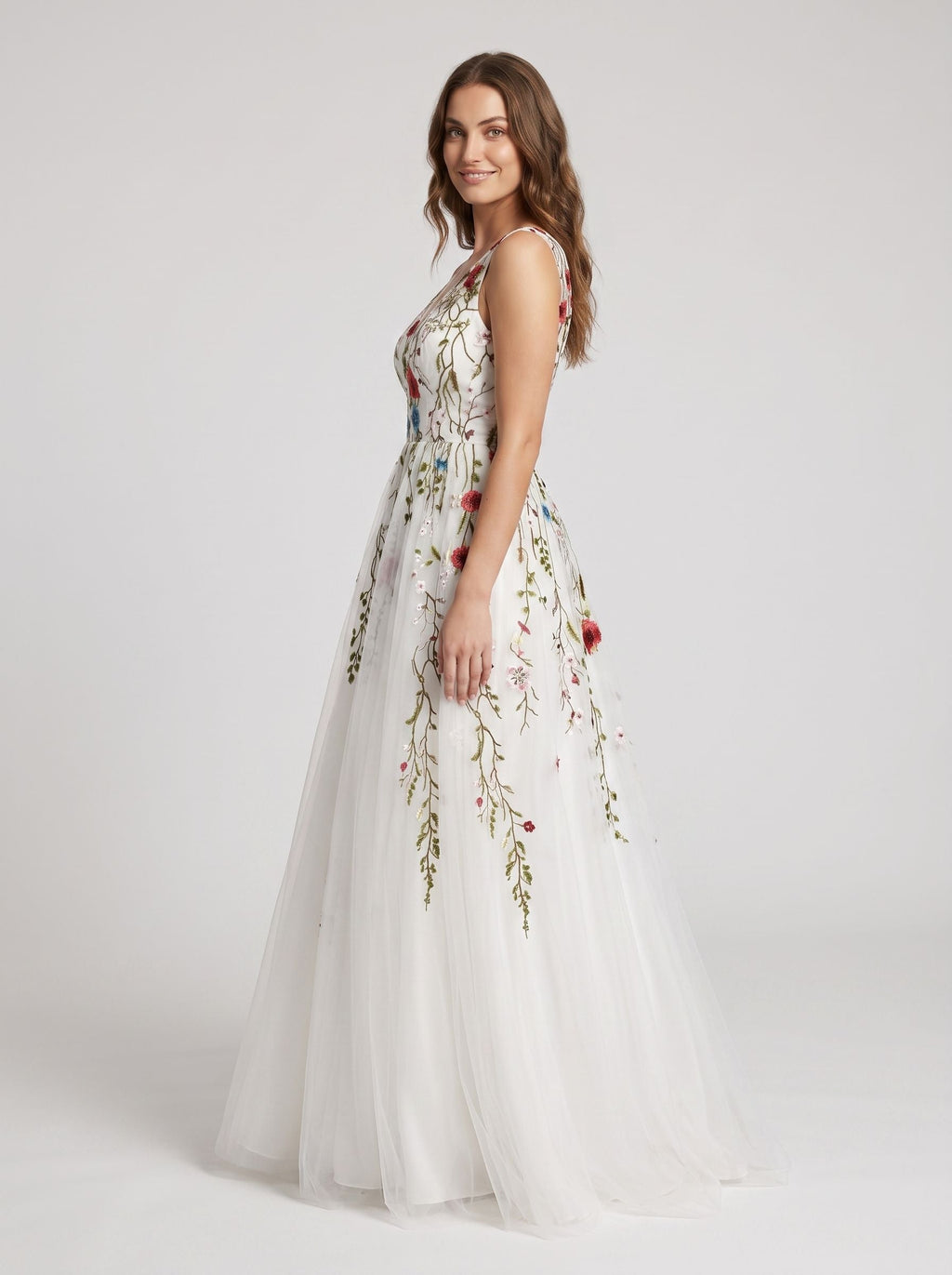 White Tulle and Lace A-Line V-Neck Back Zip Floor-Length Dress with Floral embroidery appliques - Curvevia