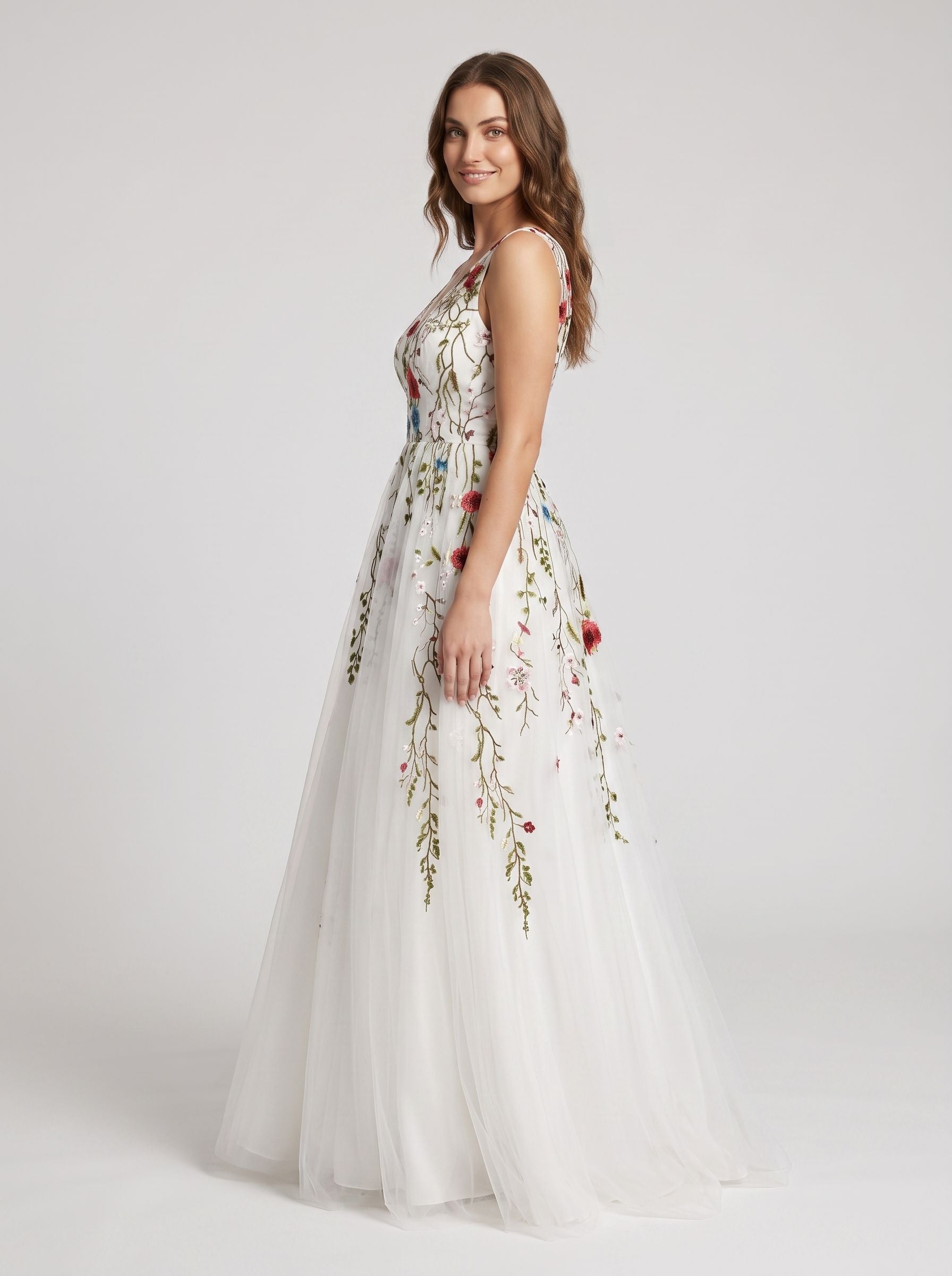 White Tulle and Lace A-Line V-Neck Back Zip Floor-Length Dress with Floral embroidery appliques - Curvevia