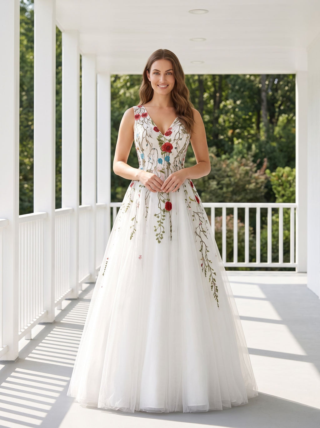White Tulle and Lace A-Line V-Neck Back Zip Floor-Length Dress with Floral embroidery appliques - Curvevia