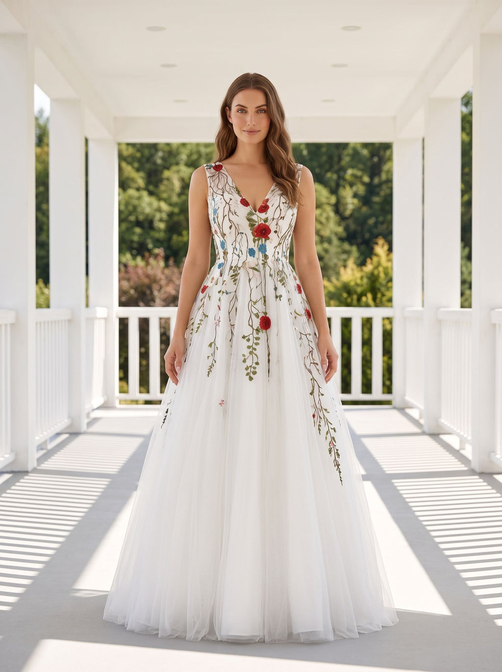 White Tulle and Lace A-Line V-Neck Back Zip Floor-Length Dress with Floral embroidery appliques - Curvevia