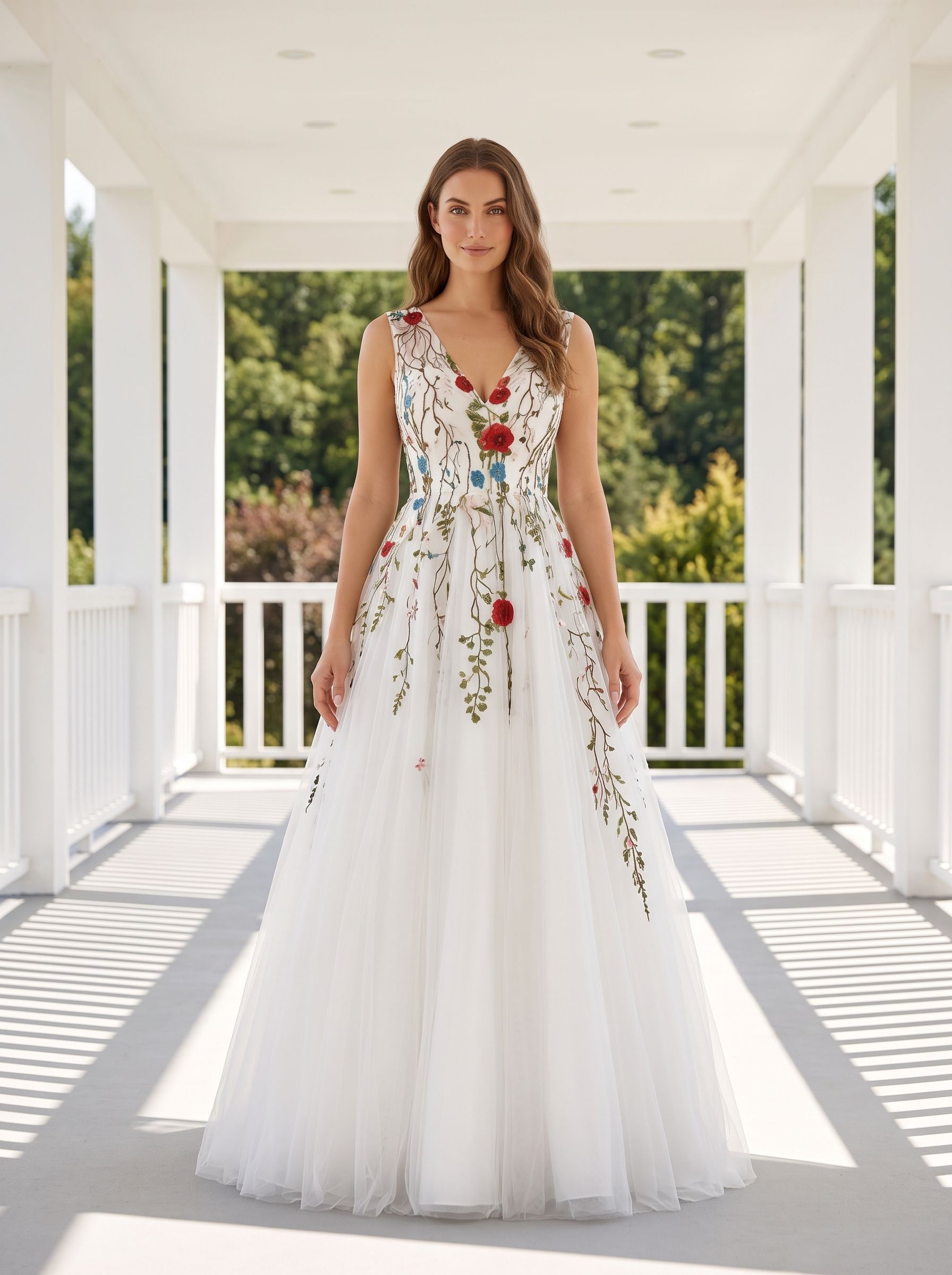 White Tulle and Lace A-Line V-Neck Back Zip Floor-Length Dress with Floral embroidery appliques - Curvevia