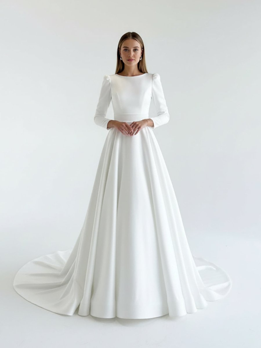 White Vintage A-Line Long Satin Bateau-Neck Wedding Dress - Curvevia