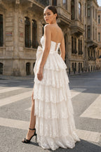 Sweetheart Light Blue Lace Appliques Ruffle Long Formal Gown - Curvevia