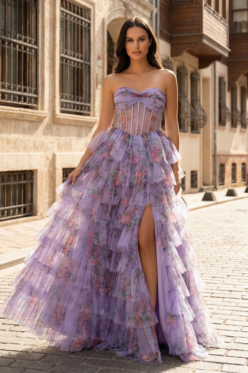 Purple Sweetheart A Line Tulle Printed Ruffle Tiered Prom Dresses With Slit - Curvevia