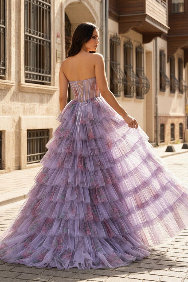Purple Sweetheart A Line Tulle Printed Ruffle Tiered Prom Dresses With Slit - Curvevia