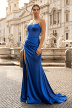 Royal Blue Strapless Satin Mermaid Prom Dress With Split - Curvevia