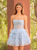 A-Line Strapless Scoop Tiered Sleeveless Short Homecoming Dress - Curvevia