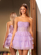 A-Line Strapless Scoop Tiered Sleeveless Short Homecoming Dress - Curvevia
